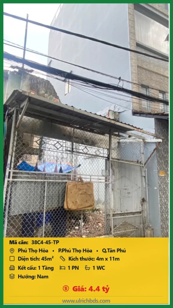 Bán Cũ nát 45m2 đường Phú Thọ Hòa Tân Phú giá 4.4 tỷ