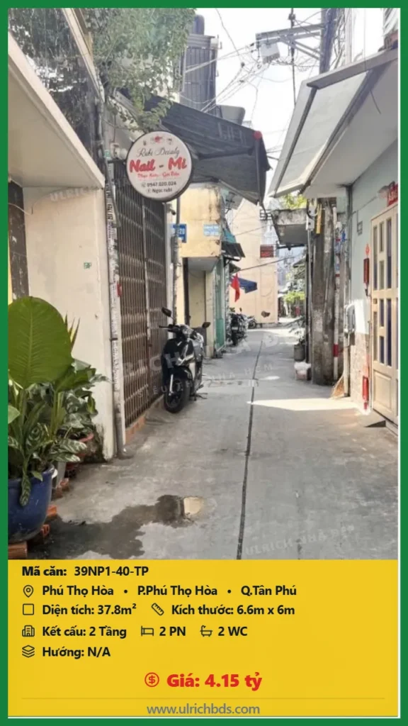 Bán Nhà phố hẻm 37.8m2 đường Phú Thọ Hòa Tân Phú giá 4.15 tỷ