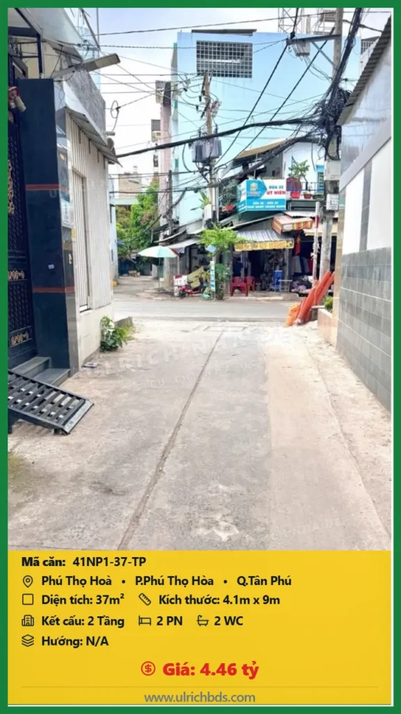 Bán Nhà phố hẻm 37m2 đường Phú Thọ Hòa Tân Phú giá 4.46 tỷ