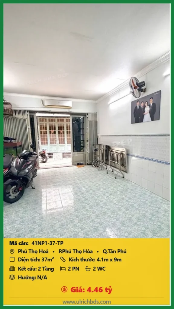 Bán Nhà phố hẻm 37m2 đường Phú Thọ Hòa Tân Phú giá 4.46 tỷ
