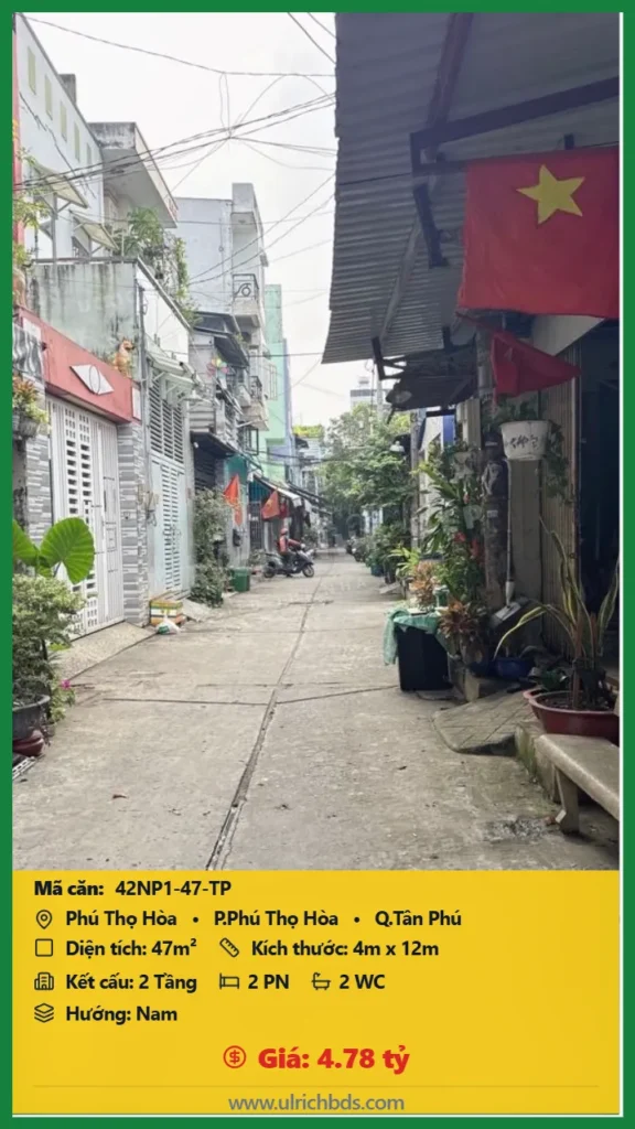 Bán Nhà phố hẻm 47m2 đường Phú Thọ Hòa Tân Phú giá 4.78 tỷ