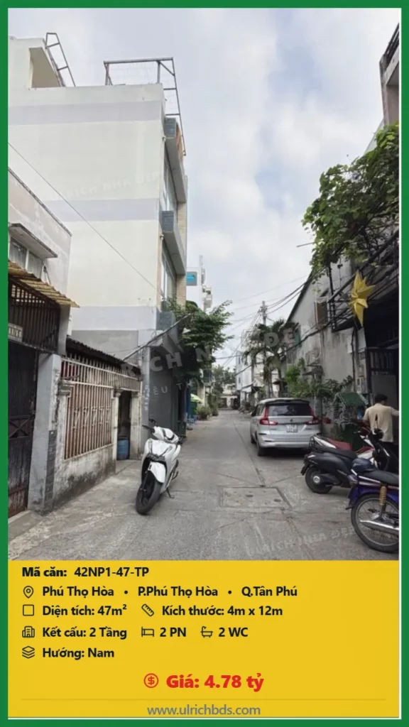 Bán Nhà phố hẻm 47m2 đường Phú Thọ Hòa Tân Phú giá 4.78 tỷ