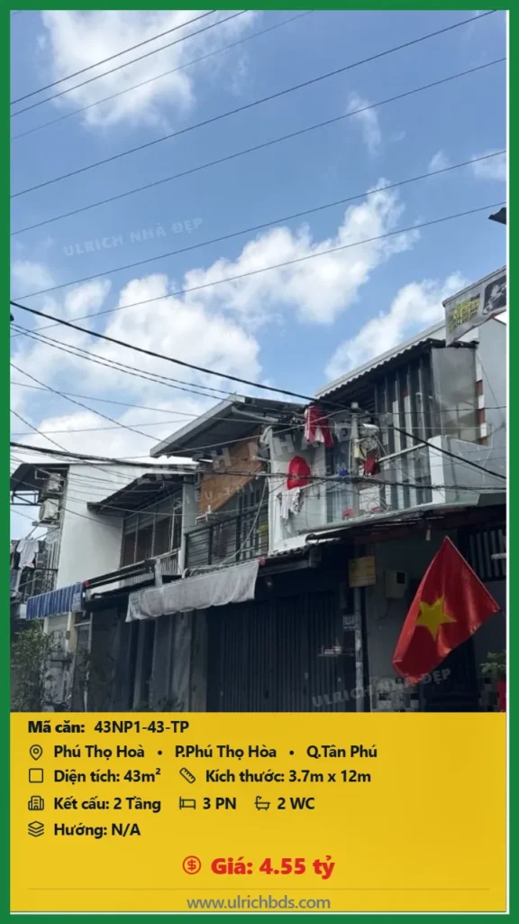 Bán Nhà phố hẻm 43m2 đường Phú Thọ Hòa Tân Phú giá 4.55 tỷ