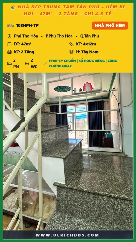NHÀ ĐẸP TRUNG TÂM TÂN PHÚ – HẺM XE HƠI – 47M² – 2 TẦNG – CHỈ 4.6 TỶ tại Phú Thọ Hòa Phú Thọ Hòa Tân Phú (Ảnh số )