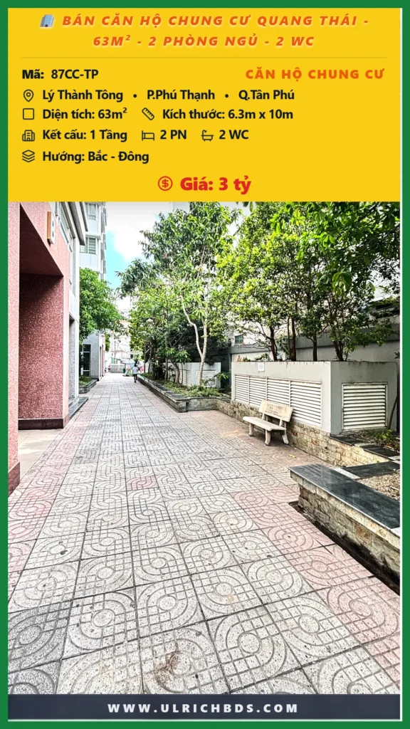 BÁN CĂN HỘ CHUNG CƯ QUANG THÁI - 63M² - 2 PHÒNG NGỦ - 2 WC tại Lý Thành Tông Phú Thạnh Tân Phú (Ảnh số )