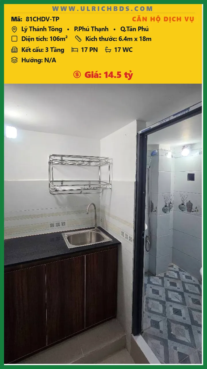 BÁN NHÀ CHDV 17 PHÒNG CỰC ĐẸP TÂN PHÚ - NGÃ TƯ HÒA BÌNH - TÔ HIỆU - DÒNG TIỀN 80TR/THÁNG tại Lý Thánh Tông Phú Thạnh Tân Phú (Ảnh số )